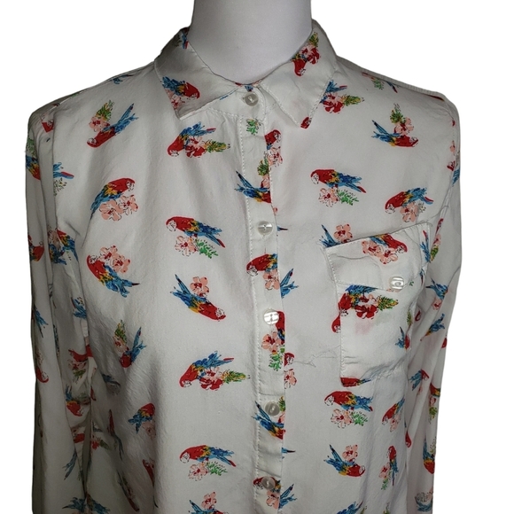White Parrot Print Blouse Sz L Tie Front Roll-Tab Sleeves Light Novelty *STAIN* - Picture 4 of 12